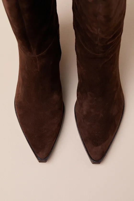 Auggie Wide Calf Dark Brown Suede Pointed-Toe Knee-High Boots sold by Lulus product image thumbnail 3