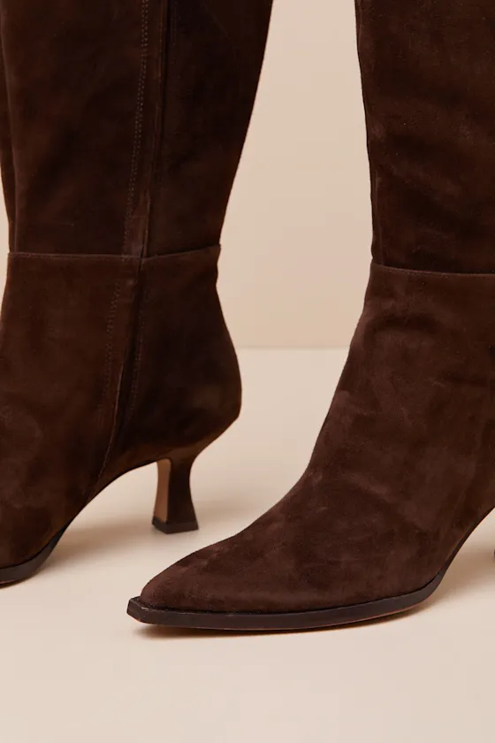 Auggie Wide Calf Dark Brown Suede Pointed-Toe Knee-High Boots sold by Lulus product image thumbnail 4
