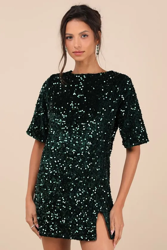 Marca Emerald Green Sequin Tie-Back Short Sleeve Shift Dress sold by Lulus