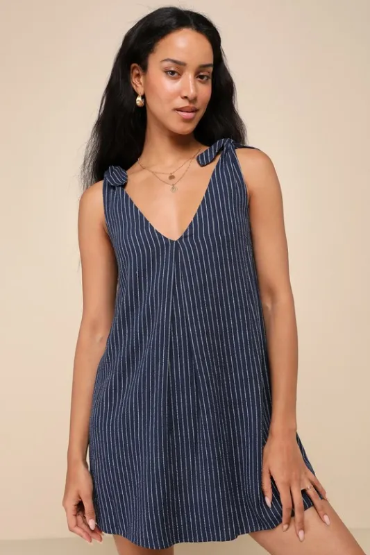 Spanish Summers Navy Striped Linen Tie-Strap Shift Mini Dress sold by Lulus
