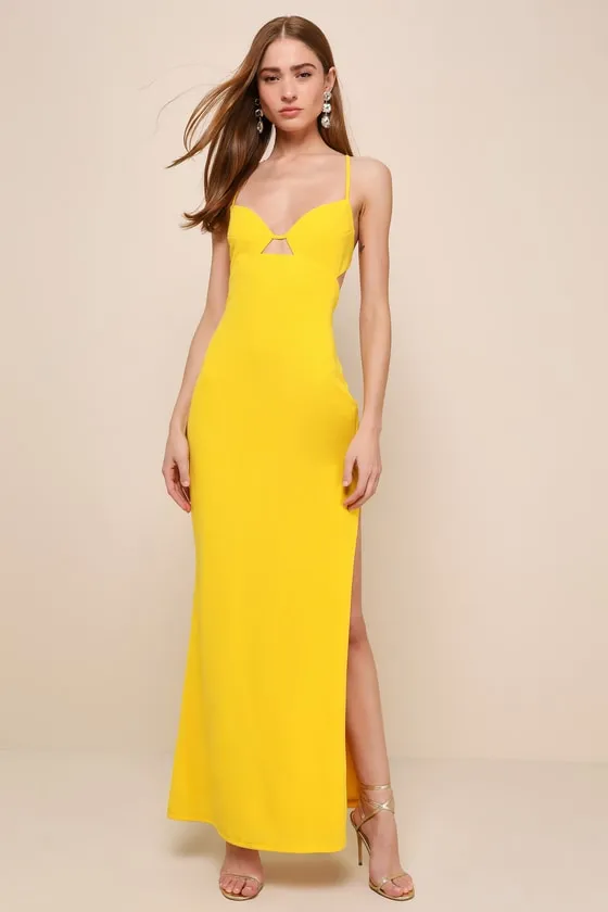 Incredibly Iconic Yellow Sleeveless Lace-Up Cutout Maxi Dress sold by Lulus product image thumbnail 2