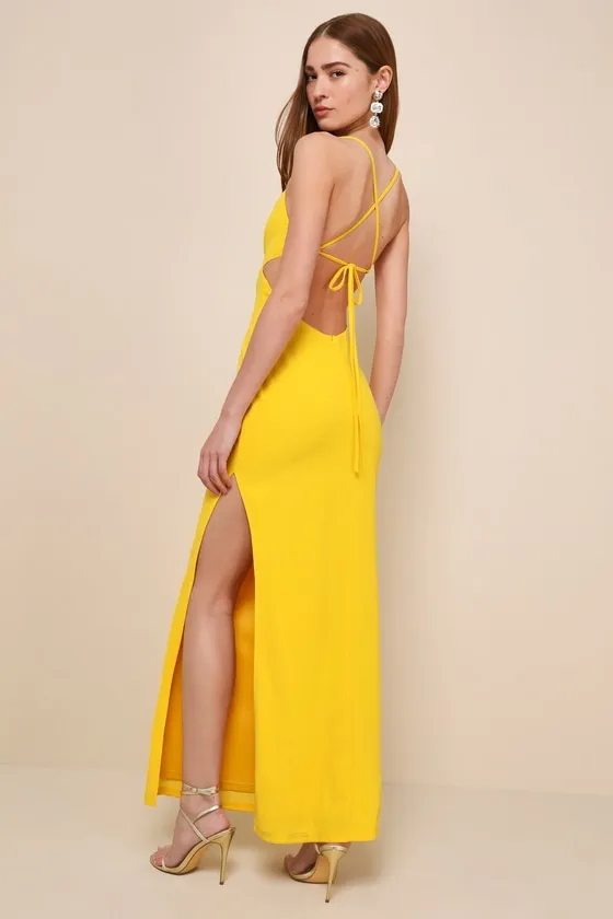 Incredibly Iconic Yellow Sleeveless Lace-Up Cutout Maxi Dress sold by Lulus product image thumbnail 3