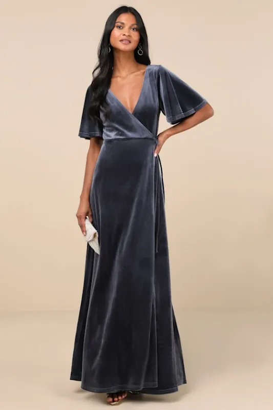 Defining Elegance Slate Blue Velour Short Sleeve Wrap Maxi Dress sold by Lulus