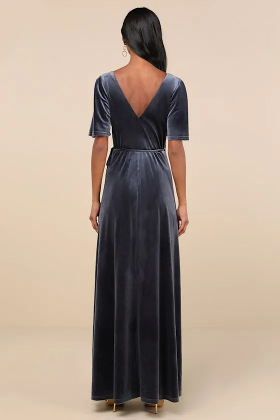 Defining Elegance Slate Blue Velour Short Sleeve Wrap Maxi Dress sold by Lulus product image thumbnail 2