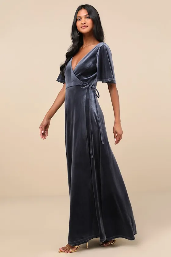 Defining Elegance Slate Blue Velour Short Sleeve Wrap Maxi Dress sold by Lulus product image thumbnail 3