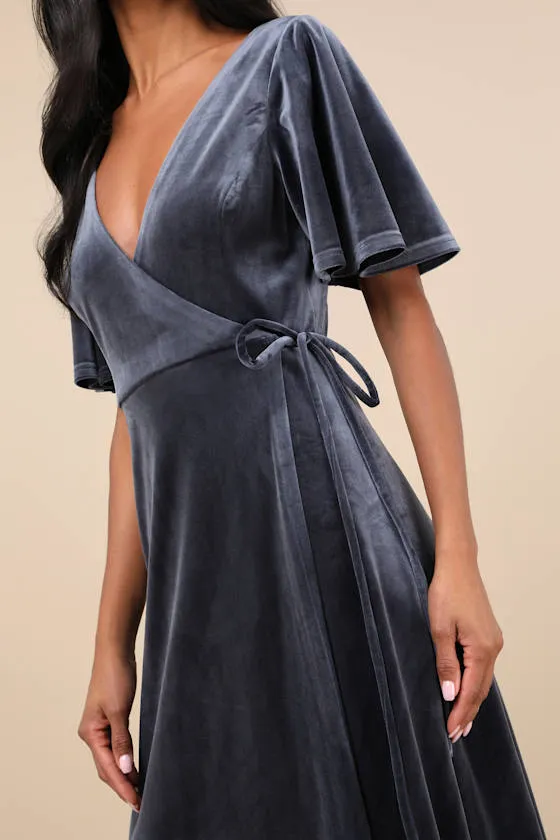 Defining Elegance Slate Blue Velour Short Sleeve Wrap Maxi Dress sold by Lulus product image thumbnail 4