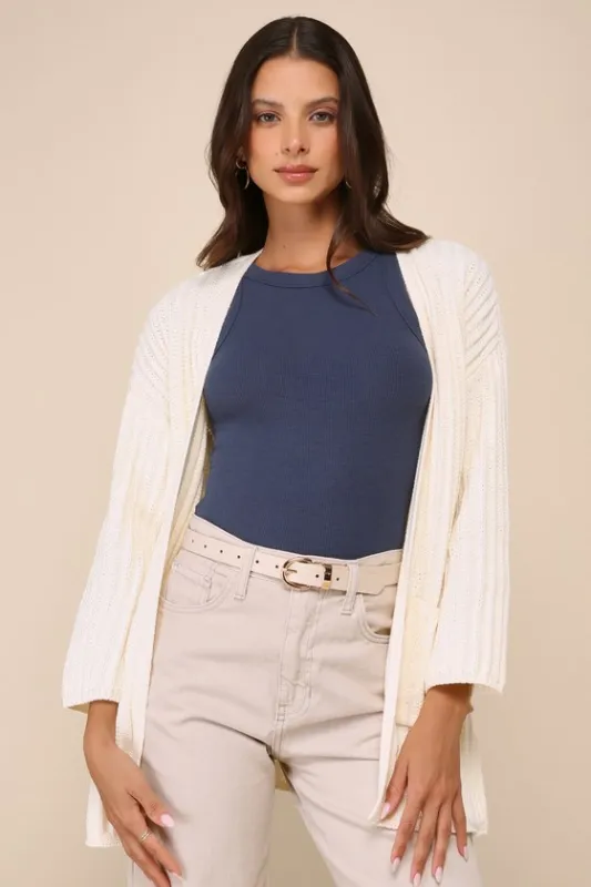 Absolute Comfort Ivory Ribbed Open-Front Cardigan sold by Lulus