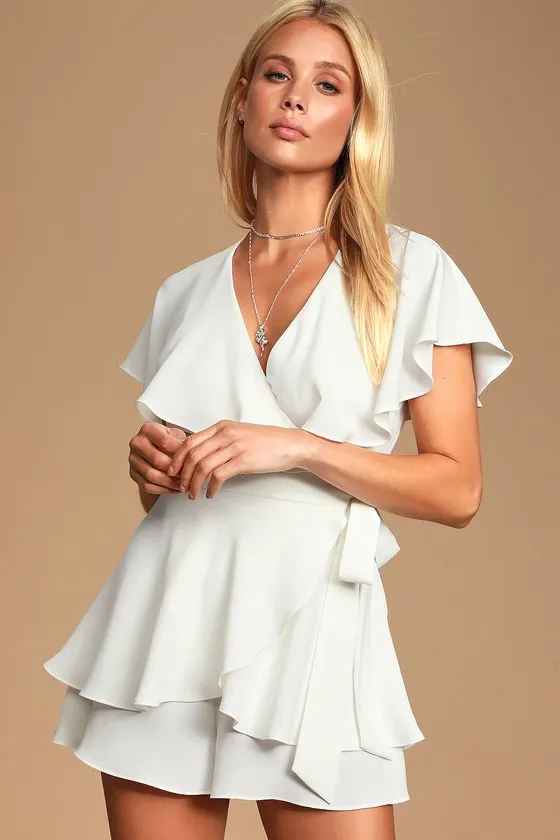Aldrin White Ruffled Backless Wrap Skort Romper sold by Lulus product image thumbnail 2