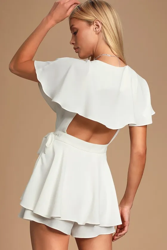 Aldrin White Ruffled Backless Wrap Skort Romper sold by Lulus product image thumbnail 3