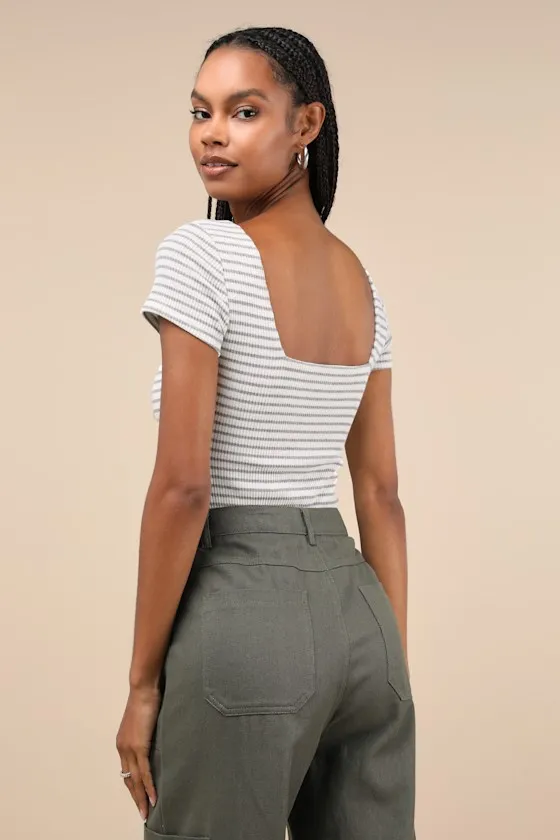 Casual Adventures Ivory Striped Ribbed Short Sleeve Bodysuit sold by Lulus product image thumbnail 2