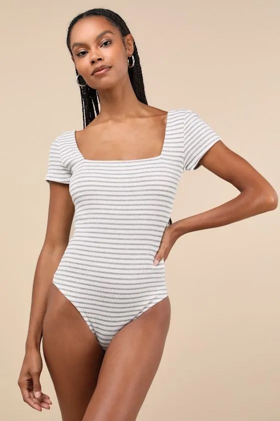 Casual Adventures Ivory Striped Ribbed Short Sleeve Bodysuit sold by Lulus product image thumbnail 4