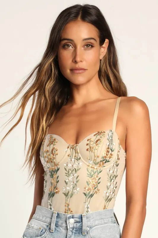 Essence of Elegance Beige Embroidered Bustier Bodysuit sold by Lulus