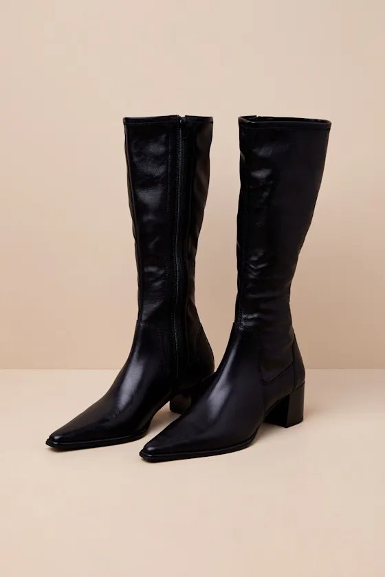 Giselle Black Leather Pointed-Toe Knee-High Boots sold by Lulus product image thumbnail 2