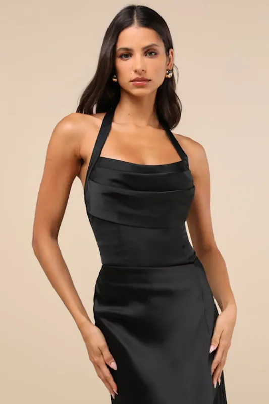 Expertly Chic Black Satin Pleated Halter Bodysuit sold by Lulus
