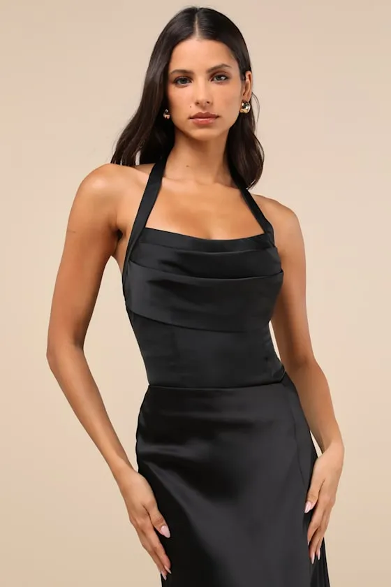 Expertly Chic Black Satin Pleated Halter Bodysuit sold by Lulus