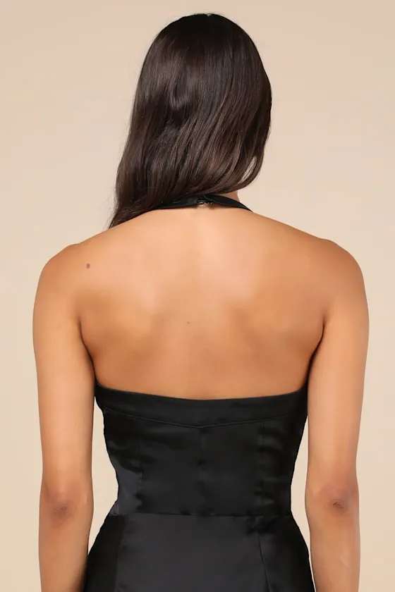 Expertly Chic Black Satin Pleated Halter Bodysuit sold by Lulus product image thumbnail 3