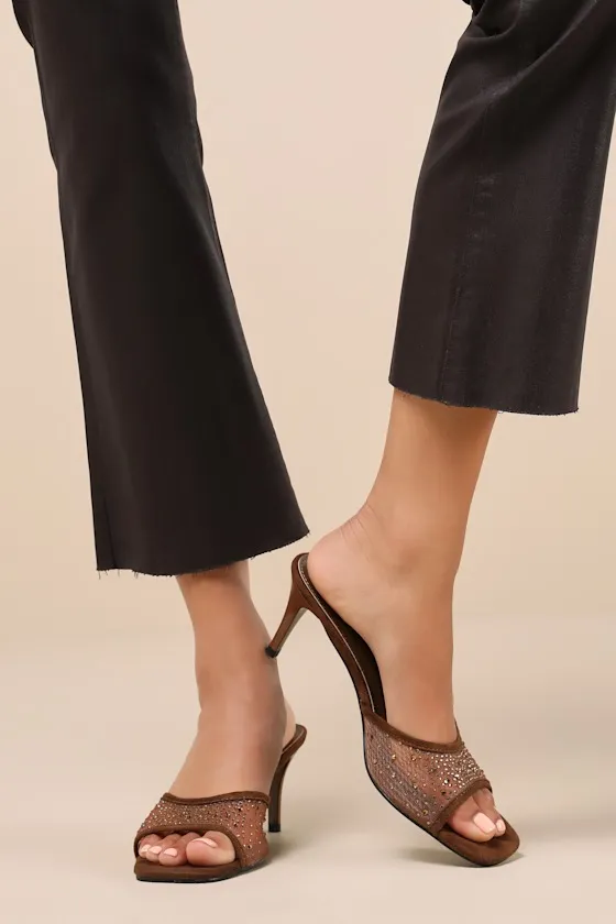 Delannie Brown Suede Mesh Rhinestone High Heel Slide Sandals sold by Lulus product image thumbnail 3