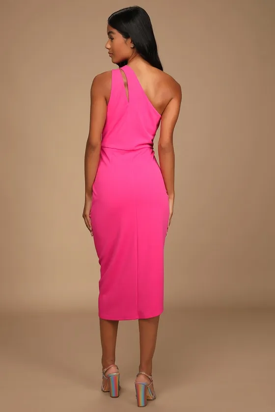 So Flirty Hot Pink One-Shoulder Cutout Asymmetrical Dress sold by Lulus product image thumbnail 4