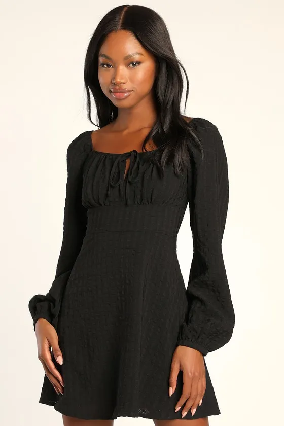 Bring Your Best Black Long Sleeve Mini Skater Dress sold by Lulus