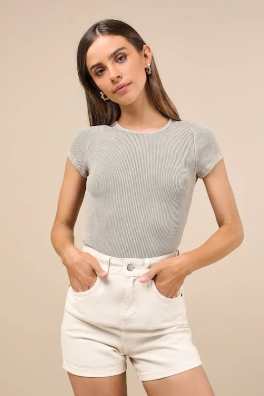 Edgy Confidence Olive Green Washed Ribbed Knit Short Sleeve Top sold by Lulus