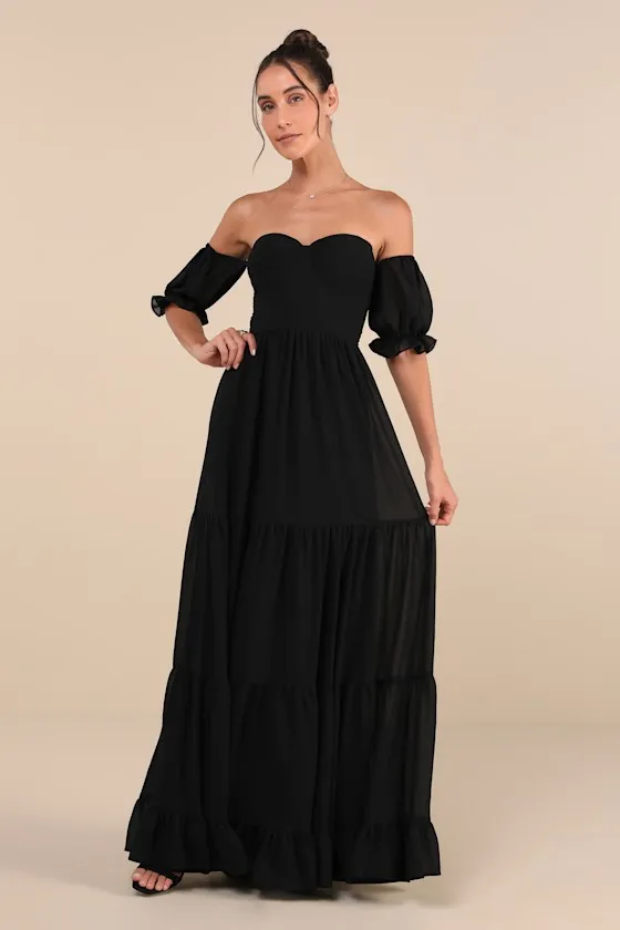 Exceptionally Gorgeous Black Chiffon Off-the-Shoulder Maxi Dress sold by Lulus