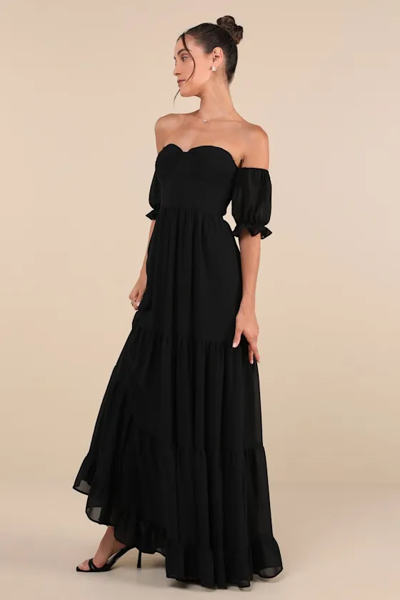 Exceptionally Gorgeous Black Chiffon Off-the-Shoulder Maxi Dress sold by Lulus product image thumbnail 2