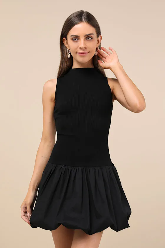 Ensured Elevation Black Ribbed Mock Neck Bubble-Hem Mini Dress sold by Lulus
