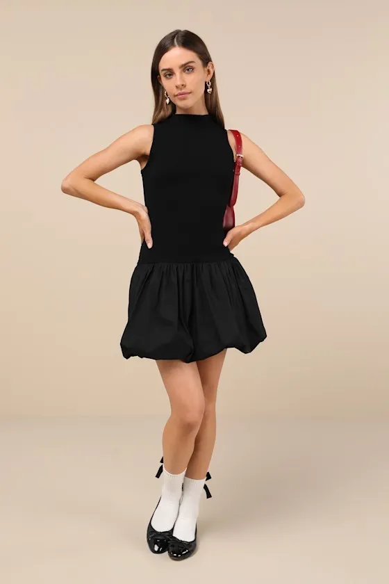 Ensured Elevation Black Ribbed Mock Neck Bubble-Hem Mini Dress sold by Lulus product image thumbnail 2