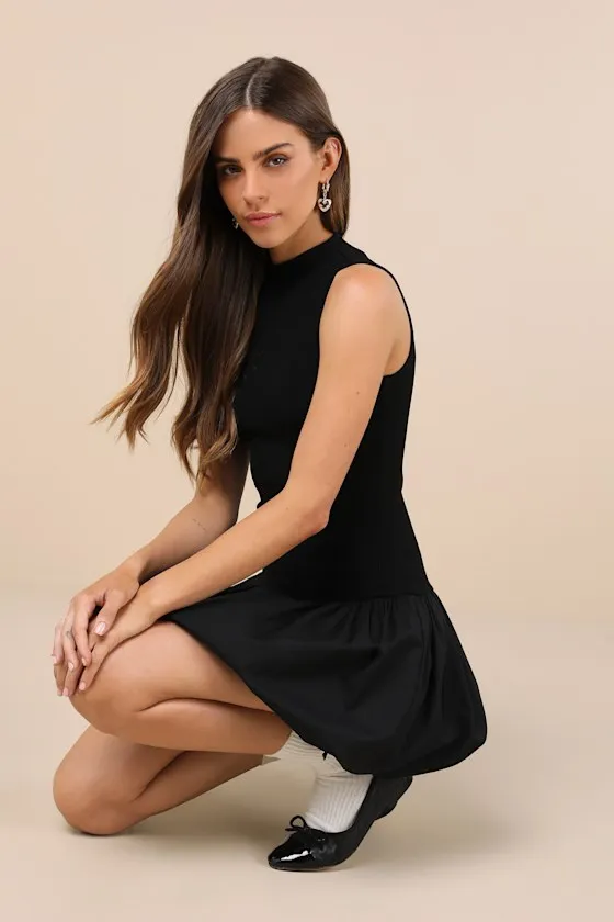 Ensured Elevation Black Ribbed Mock Neck Bubble-Hem Mini Dress sold by Lulus product image thumbnail 3