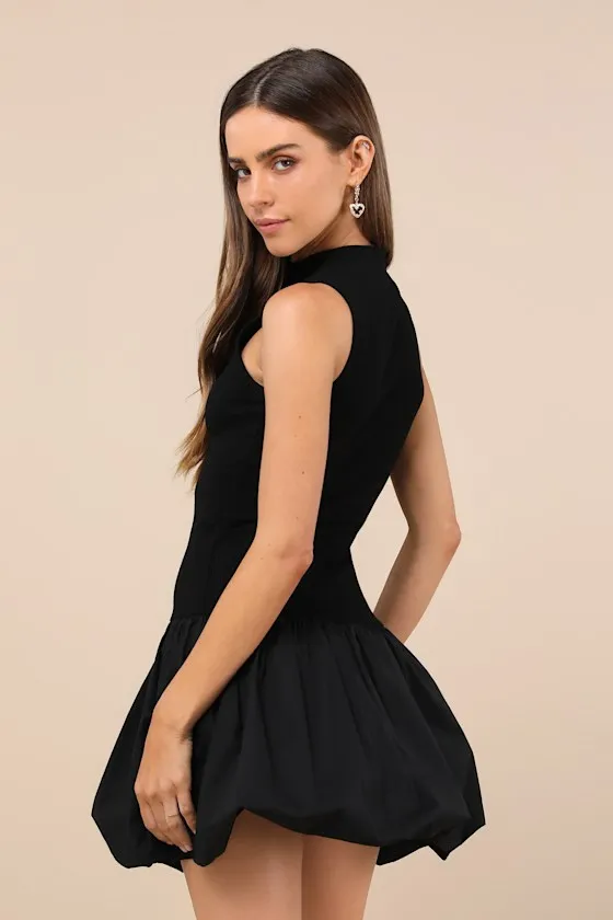 Ensured Elevation Black Ribbed Mock Neck Bubble-Hem Mini Dress sold by Lulus product image thumbnail 4