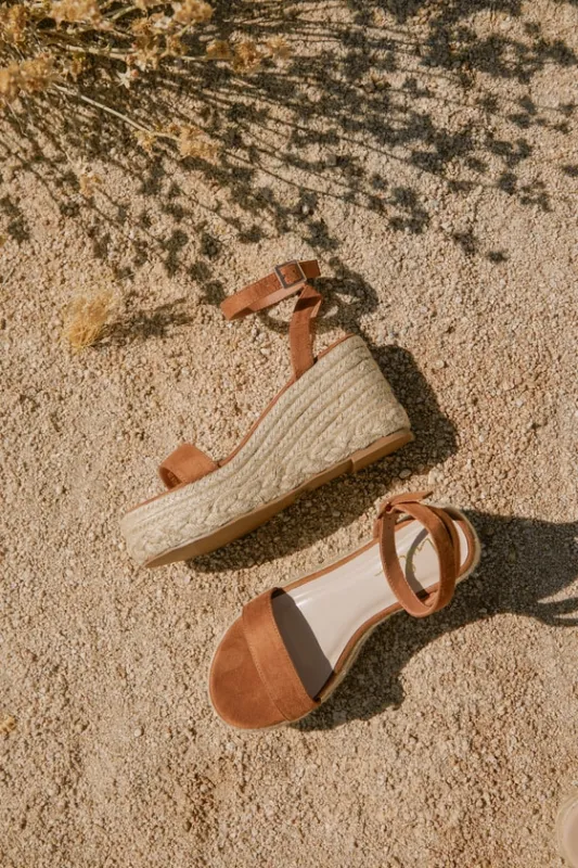 Cesilie Brown Suede Ankle Strap Platform Espadrille Wedges sold by Lulus