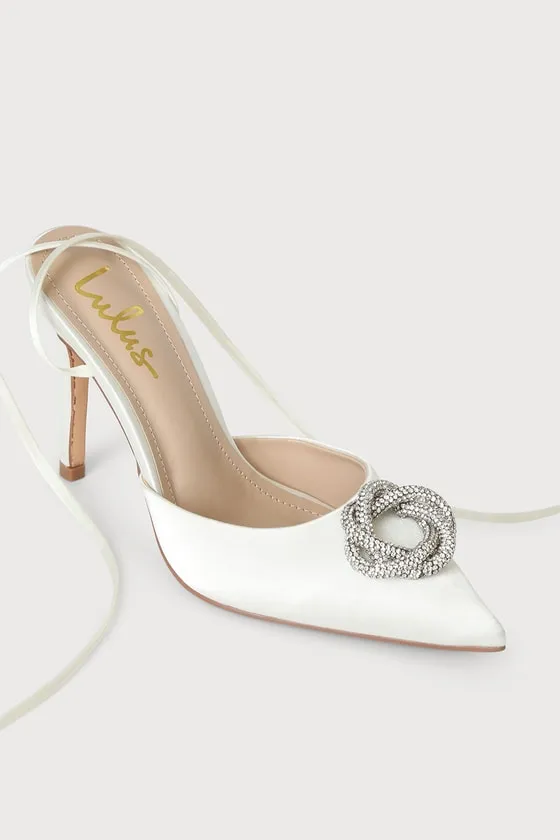 Malloryy White Satin Rhinestone Lace-Up Pointed-Toe Pumps sold by Lulus