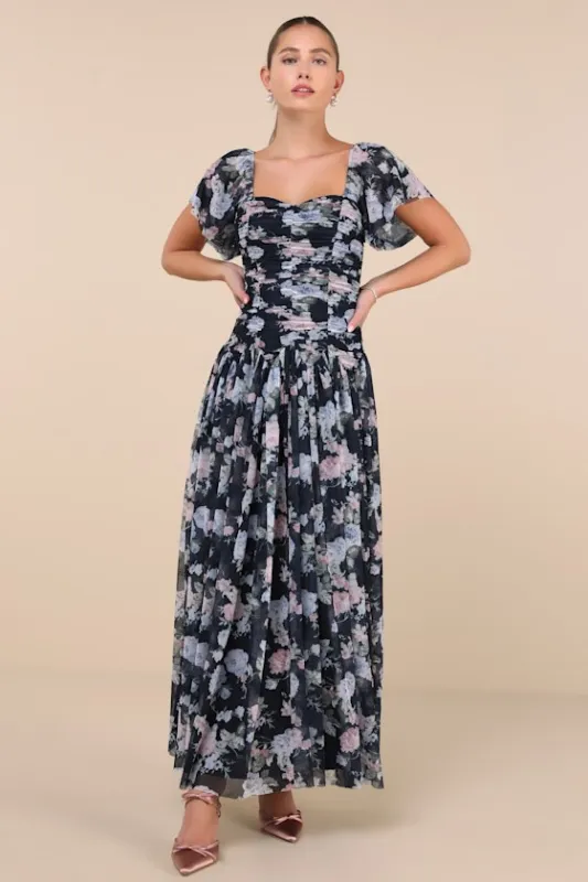 Majorly Dreamy Navy Floral Mesh Ruched Drop Waist Maxi Dress made by Lulus