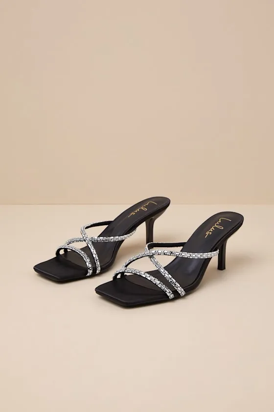 Birdine Black Satin Rhinestone High Heel Sandals sold by Lulus product image thumbnail 3