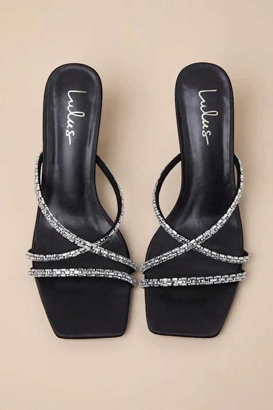 Birdine Black Satin Rhinestone High Heel Sandals sold by Lulus product image thumbnail 4
