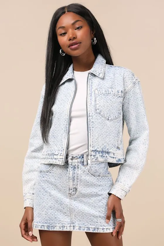 Glacia Light Wash Rhinestone Zip-Front Denim Jacket sold by Lulus