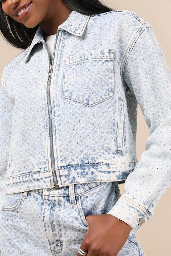 Glacia Light Wash Rhinestone Zip-Front Denim Jacket sold by Lulus product image thumbnail 2