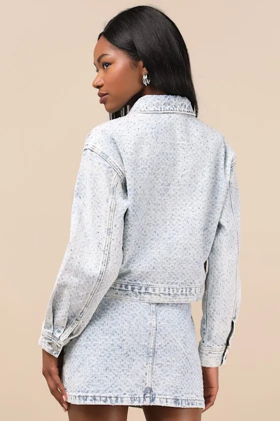 Glacia Light Wash Rhinestone Zip-Front Denim Jacket sold by Lulus product image thumbnail 3