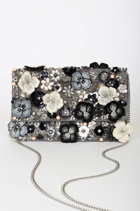 Blossom With Style Grey Velvet Multi Floral Sequin Beaded Clutch sold by Lulus product image thumbnail 2