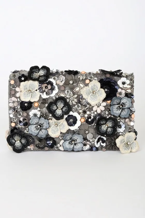 Blossom With Style Grey Velvet Multi Floral Sequin Beaded Clutch sold by Lulus product image thumbnail 3
