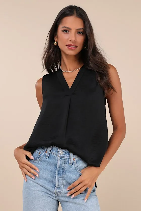 Compelling Simplicity Black Satin V-Neck Tank Top sold by Lulus
