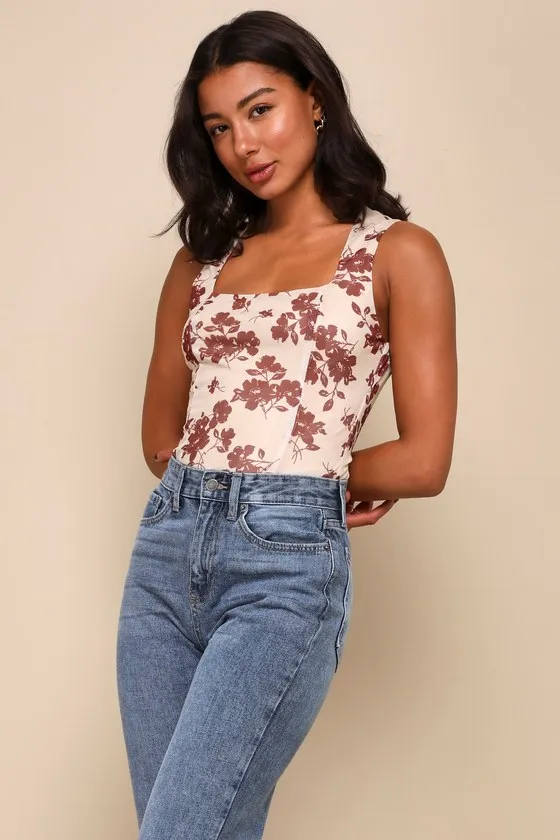 Chicly Elevated Beige Floral Print Mesh Sleeveless Bodysuit sold by Lulus