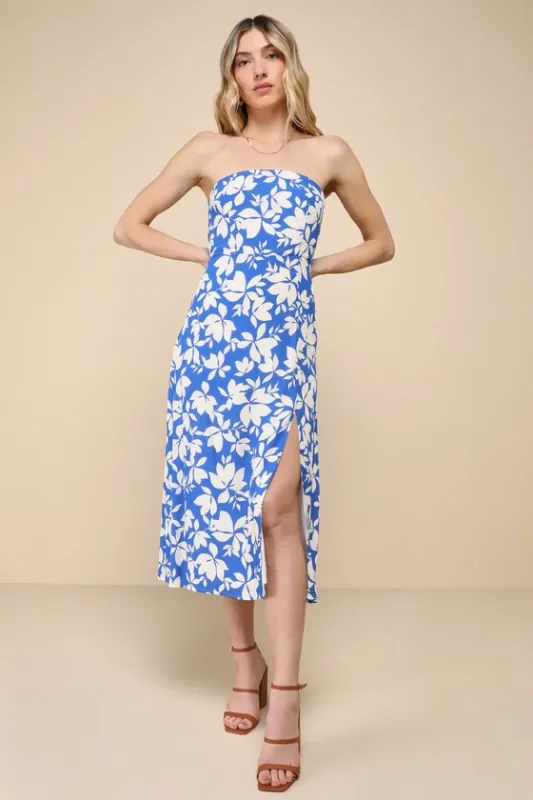 Loveliest Choice Blue Floral Strapless Column Midi Dress sold by Lulus