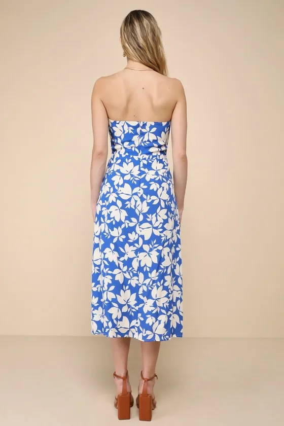 Loveliest Choice Blue Floral Strapless Column Midi Dress sold by Lulus product image thumbnail 2