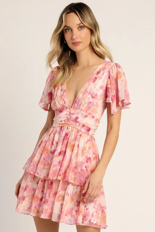 Sunny Evenings Pink Multi Lurex Flutter Sleeve Mini Dress sold by Lulus