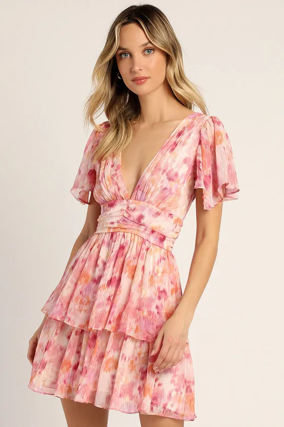 Sunny Evenings Pink Multi Lurex Flutter Sleeve Mini Dress sold by Lulus