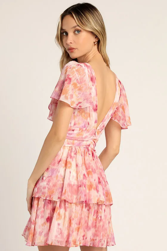 Sunny Evenings Pink Multi Lurex Flutter Sleeve Mini Dress sold by Lulus product image thumbnail 2