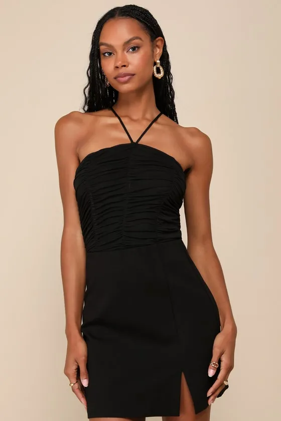 Coy Favorite Black Mesh Ruched Halter Bodysuit sold by Lulus