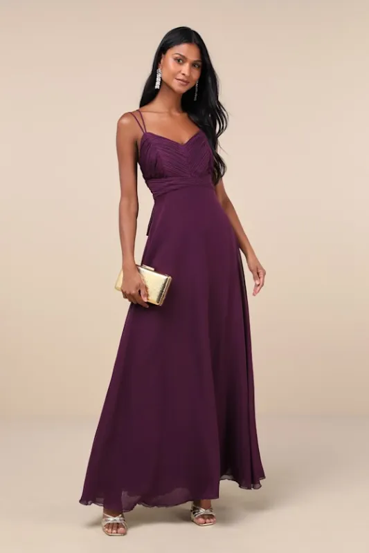 Admirable Grace Dark Plum Chiffon Pleated Maxi Dress sold by Lulus