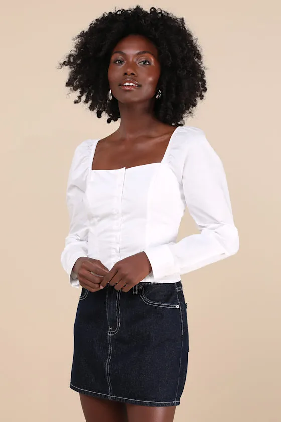 Demure and Sweet White Button-Front Long Sleeve Top sold by Lulus